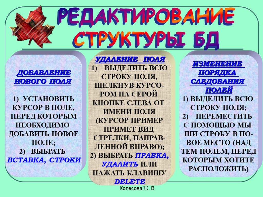 Колесова Ж. В. РЕДАКТИРОВАНИЕ СТРУКТУРЫ БД ДОБАВЛЕНИЕ НОВОГО ПОЛЯ УСТАНОВИТЬ КУРСОР В ПОЛЕ, ПЕРЕД